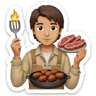 Turkish beautiful finish Konya boy good hair and brown eyes with beige denim clothes and had on his hand grilled meat sticker