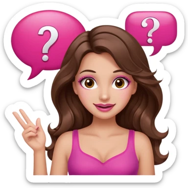 girl with long wavy brown hair, brown eyes, long lashes makeup, sexy pink lips, light to medium complexion, wearing a pink sexy top, shugging, smiling, question mark one speech bubble sticker