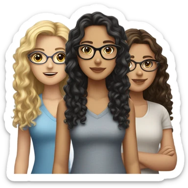 A curly haired blonde girl with a brunette girl who has glasses and another brunette girl with long hair sticker