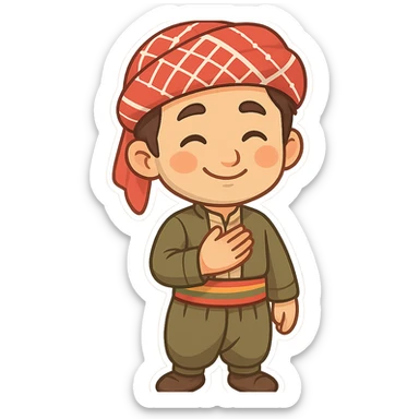 cartoon sticker of a Kurdish man in traditional clothing, hand on chest (salute) pose, gentle smile, colorful and cheerful, no text, suitable for WhatsApp and Instagram sticker