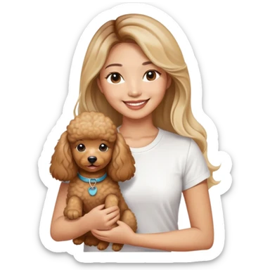 an asian lady with long balayage hair with blonde highlights, long lashes, wearing white t-shirt, smiling happily, and holding a brown poodle sticker