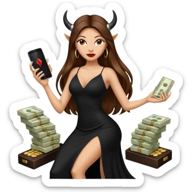 Sensual queen long brown straight haired sexy drug lord woman with black platform high heels with  on her feet,  and devil black horns on her head, holding a stack of cash, has a phone in other hand. Sitting on a large big new model F350 pickup truck  full of drugs, long black dress with sexy slit sticker