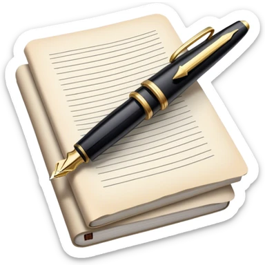 Create an emoji representing journalism and publicistic writing. The design should feature an open newspaper or a stack of articles with visible text columns, symbolizing opinion pieces and analysis. A classic fountain pen or ballpoint pen should be placed near the papers, indicating the act of writing. Optionally, include a small microphone or a press badge to emphasize investigative and journalistic aspects. Use neutral and professional colors like black, white, and muted blue or red. Do not include any emojis or smiley faces. Make the background transparent. sticker