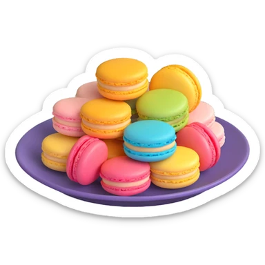 Create a 3D model of colorful macarons arranged on a plate, in the iOS 18 style with smooth, realistic textures and vibrant pastel colors, matching the reference image. sticker