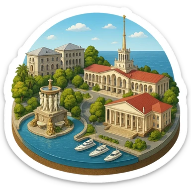 Изометричная, яркая, детализированная и фотореалистичная иллюстрация панорамы города Cочи на круглой подставке в стиле 3D-коллажей городов, здание Морского Порта, Зимний театр, Санаторий имени С. Орджоникидзе, море, причал, яхты чёткие линии, слегка мультяшная стилистика, прозрачный фон, не обрезать края картинки sticker