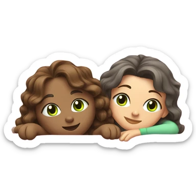 Grey cat with a brunette girl with wavy hair and green eyes in light pink shirt relaxing on a bed sticker