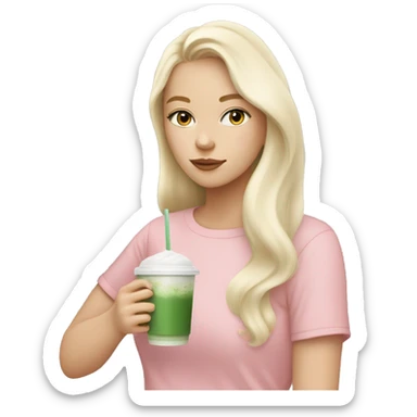 White Blonde girl with a pastel pink top drinking iced matcha latte ( not from Starbucks) sticker