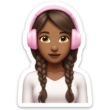 Brown skin girl wearing baby pink headphone with long brown hair and Latina makeup sticker