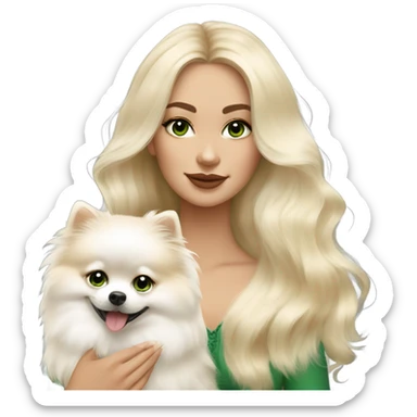 Blonde balayage long hair past shoulders woman with beautiful green eyes holding a white fluffy Pomeranian  sticker