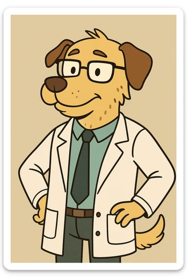 scientist dog cartoon style, wearing a lab coat and glasses, simple background sticker