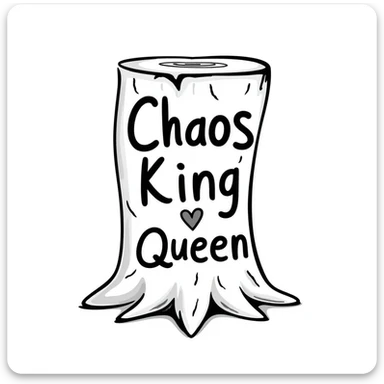 whimsical and slightly wild tree stump with a heart carved into it, the words 'Chaos King' and 'Chaos Queen' carved into the tree stump, visible wood texture, playful details, hand drawn doodle style sticker