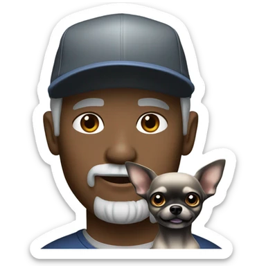 Man with blue eyes grey hair and grey goatee, wearing ball cap, holding long hair black chihuahua sticker