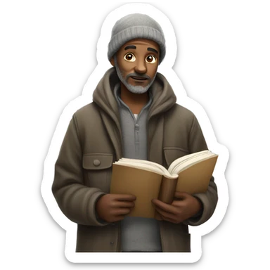 Homeless man with a book sticker