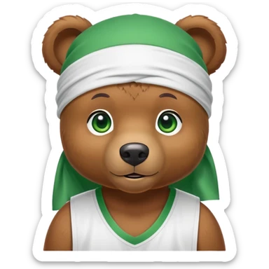 Cute brown bear with green eyes wearing a white durag and a basketball jersey visible only up to the shoulders, iOS emoji style sticker