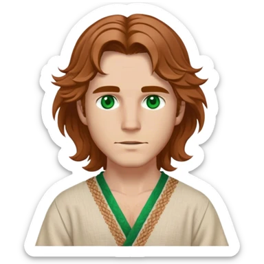 Medieval spring outfit worn by a DnD themed fantasy male character. Light beige linen tunic with embroidered edges, cinched with a woven hemp belt at the waist. Clothes only above the waist, full waist coverage. The character has no arms. Character is white-skinned with copper-brown hair, emerald green eyes, and chin-length wavy hair styled loosely. sticker