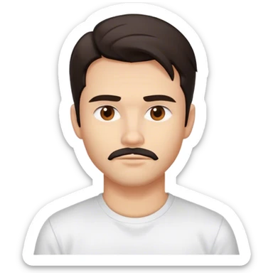 The person has a medium complexion, slightly tousled dark hair, well-defined facial features with a strong jawline, light facial hair, full lips, and a neutral expression. They are wearing a white T-shirt against a plain background.
 sticker