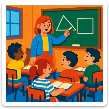 students in a classroom, teacher drawing triangle and square on the board, colorful, cartoon style sticker