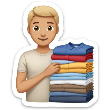 person folding clothes, neat stack of shirts, cheerful and tidy sticker