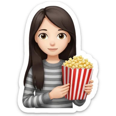 girl with dark brown straight long hair, striped light sweater, gray eyes, holding popcorn in her hands sticker
