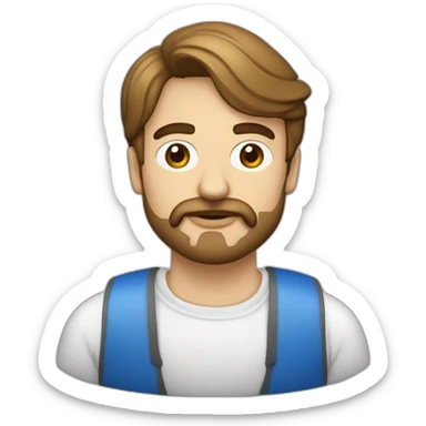 Arquitecto de 30 años residente de obra. Casco blanco chaleco azul. Ojos grandes cejas pobladas. labios gruesos. Sin bigote ni barba sticker