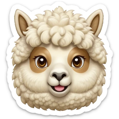 Cinematic Comical Cream Alpaca Portrait Emoji, Head tilted dramatically with an exaggeratedly amused expression, featuring a striking, fluffy cream fleece with playful texture, wide, expressive gentle eyes filled with playful disbelief, Simplified yet hilariously expressive features, highly detailed, glowing with a slightly sassy glow, high shine, dramatic yet playful, stylized with an air of cheeky mischief, bright and endearing, soft glowing outline, capturing the essence of a spirited and over-the-top alpaca, so meme-worthy it feels like it could side-eye its way into internet fame instantly! sticker