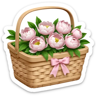 White Picnic basket with light pink bow and white peonies inside sticker