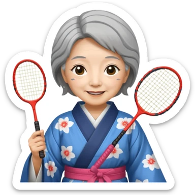 ancient japanese old woman with 1 badminton racket sticker