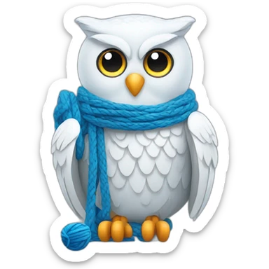 White Owl holding blue yarn ball and knitting needles sticker