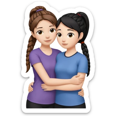 Comforting Hug two white skin women, one shorter woman with brown hair in simple top ponytail, not braided, and one taller woman with black hair in long side braid sticker