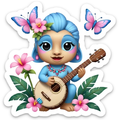 Pixar style little Blue and pink tiki singing with a butterfly, banjo, and tropical flowers, ultra detailed and lifelike imagery, realistic sticker