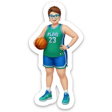 Full Body plus size white female basketball player with short medium brown hair with short spike hair wearing blue glasses 
With a small wide nose wearing blue green uniform  green sneakers smiling wearing silver hoop earrings sticker