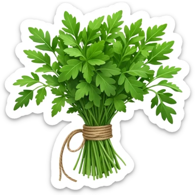 bundle of fresh herbs (thyme, bay, parsley), tied with string, green leaves with texture and color variation, neat bundle, clean 3D rendering, soft light, subtle shadow, no background elements, no anthropomorphic features, emoji scale sticker