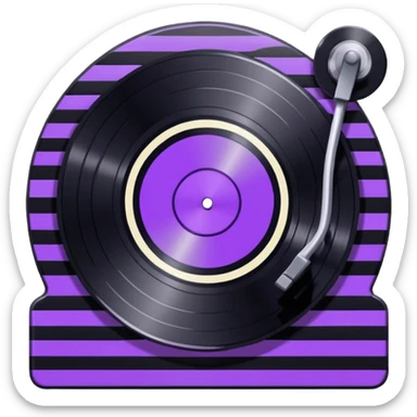 black pixel art vinyl record with a purple and white striped middle label, pixel art sticker