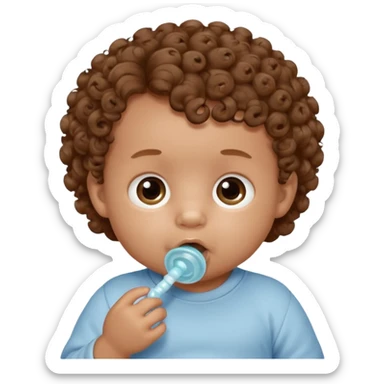 Close-up, newborn baby boy, curly hair, pacifier sticker