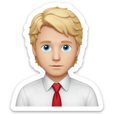 white man in white shirt, having red tie, blonde wavy hair sticker