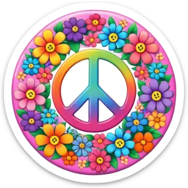 A round psychedelic colored button with a peace sign and flowers in the center sticker