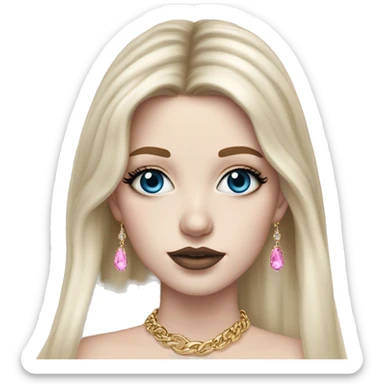 Hyperrealistic pale white girl with blue eyes and long black hair with pink fringe. Wearing gold chain necklace, gold diamond earrings and has dark eye makeup on her eyes sticker