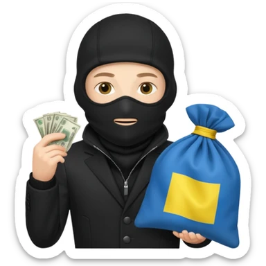 create an incredibly realistic white thief in a black suit and balaclava with a bag of money and a Ukrainian flag on it sticker