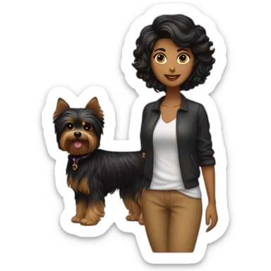 Chica morena media melena paseando con dos yorkshire terrier negros sticker