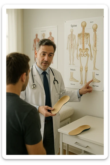 A realistic, cinematic illustration of a professional male doctor in his mid-40s, wearing a white coat, calmly explaining to a patient the benefits of using orthopedic insoles (plantari) for posture correction. The doctor holds a custom insole in his hand while pointing gently to a detailed anatomical poster showing the human spine, pelvis, and feet, illustrating the connection between foot alignment and posture. The setting is a bright, clean medical office with soft natural lighting, a treatment table, and educational anatomical charts in the background. The patient, seen from behind, listens attentively, while the doctor maintains a warm, knowledgeable expression, emphasizing preventive care and body alignment through plantar support. The scene feels trustworthy, modern, and health-focused. sticker