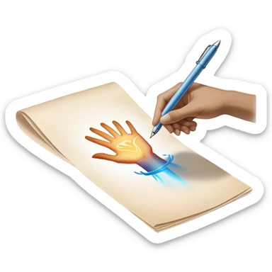 A glowing, slightly transparent hand—representing the future self—emerges from a piece of paper, offering a pen to the present self. The present self’s hand, solid and real, reaches out to take it, symbolizing the moment of choosing action over procrastination, guided by the future self’s wisdom. sticker