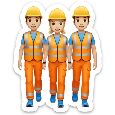 three friends walking together, each wearing a high-visibility vest, no hard hat, wearing trainers sticker