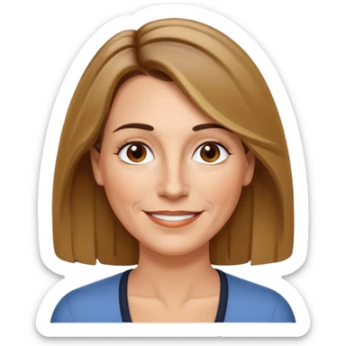 50 year old Caucasian woman with shoulder length brown hair and blond highlights and no bangs. Brown eyes with thin, black eyebrows. Medium size nose with a couple of freckles. Thin lips and slender shoulders. sticker