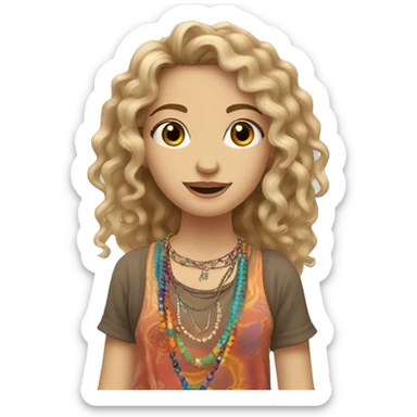 Caucasian hippie girl with curly dirty blonde hair, hazel eyes, baggy colorful pants and a tank top, lots of bohemian bracelets and jewelry sticker