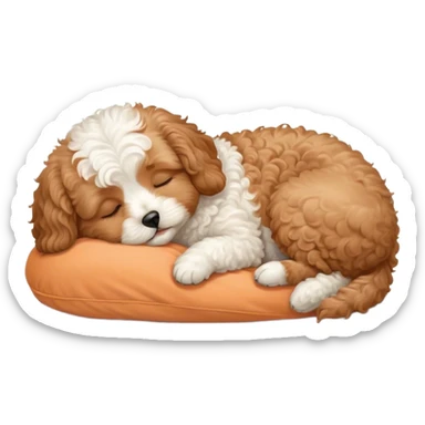 Cinematic Meme-Worthy Chubby Sleeping Cavoodle Portrait Emoji, Head resting peacefully with a contented smile, showcasing a delightfully chubby build and a luxuriously soft, curly apricot coat with gentle white accents, eyes shut in a serene nap, Simplified yet hilariously adorable features, highly detailed, glowing with a soft, drowsy light, high shine, relaxed and utterly lovable, stylized with an air of playful laziness, bright and heartwarming, soft glowing outline, capturing the essence of a comically sleepy Cavoodle, so meme-worthy it feels like it could instantly become the next viral sensation of adorable slumber! sticker