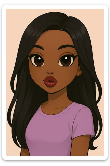 Change her expression to dreamy, headshot only, 20-year-old anime Bratz style woman with dark skin, straight hair, more casual outfit, big expressive eyes, glossy lips, no hat, no tears, looking straight ahead. The style should reflect anime Bratz aesthetics with emphasis on big expressive eyes and glossy lips. sticker