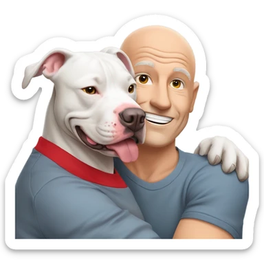 large gray male pit bull smiling and hugging bald white mature man no beard with red tshirt sticker