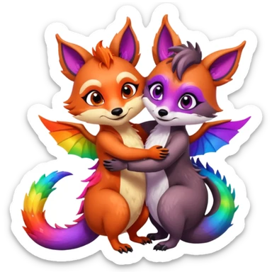 black female raccoon dragon hybrid with rainbow colored wings and purple eyes giving a big hug to a red female fox dragon hybrid with rainbow colored wings and orange eyes sticker