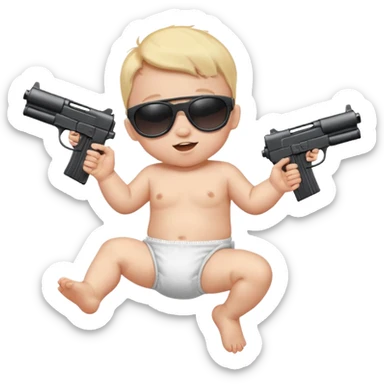 Baby in diaper with black sunglasses shooting machine guns in the air jumping left to right  sticker