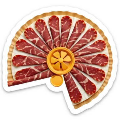 thinly sliced rounds of dry-cured pork sausage with marbled deep red meat and white fat, slightly ruffled edges, dense speckled interior, arranged in a loose overlapping fan, firm artisanal texture, soft lighting, subtle shadows, transparent background, emoji scale sticker
